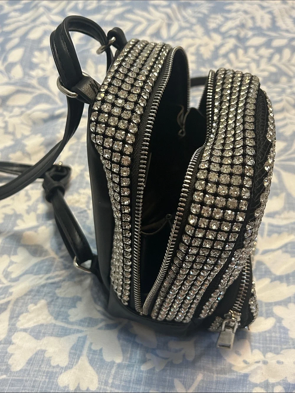 MMS Rhinestone Mesh Mini Backpack With Adjustable Straps and Front Zip Pocket